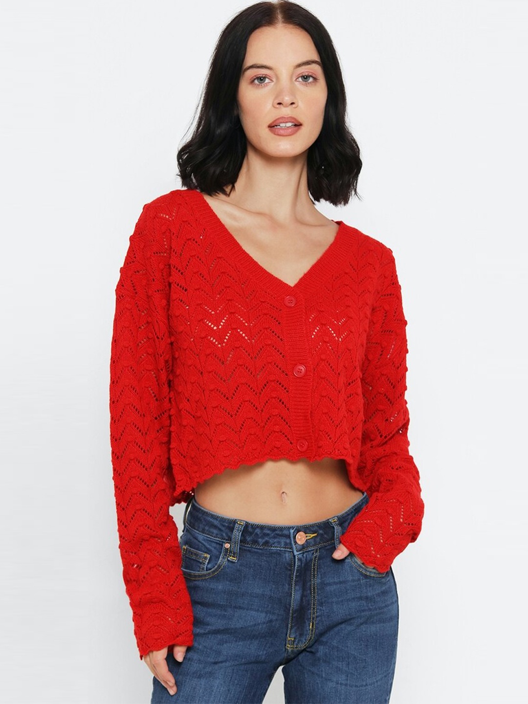 

FOREVER 21 Women Red Self Design Cardigan Sweater