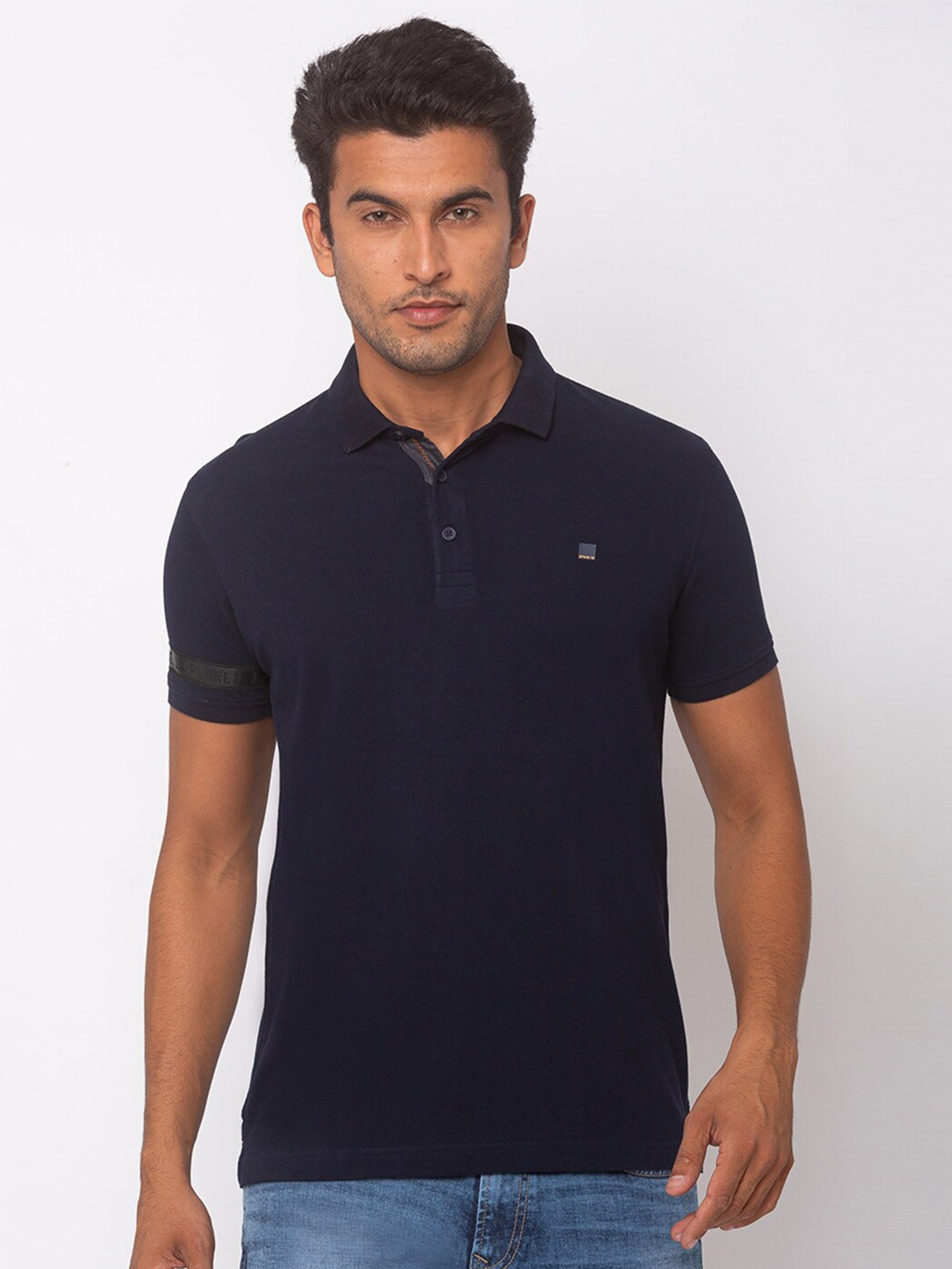 

SPYKAR Men Blue Solid Polo Collar Cotton T-shirt