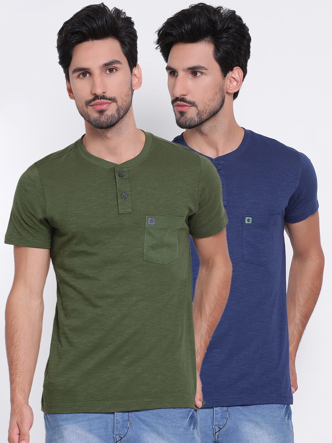 

Turtle Men Pack Of 2 Olive Green Solid Henley Neck T-shirts