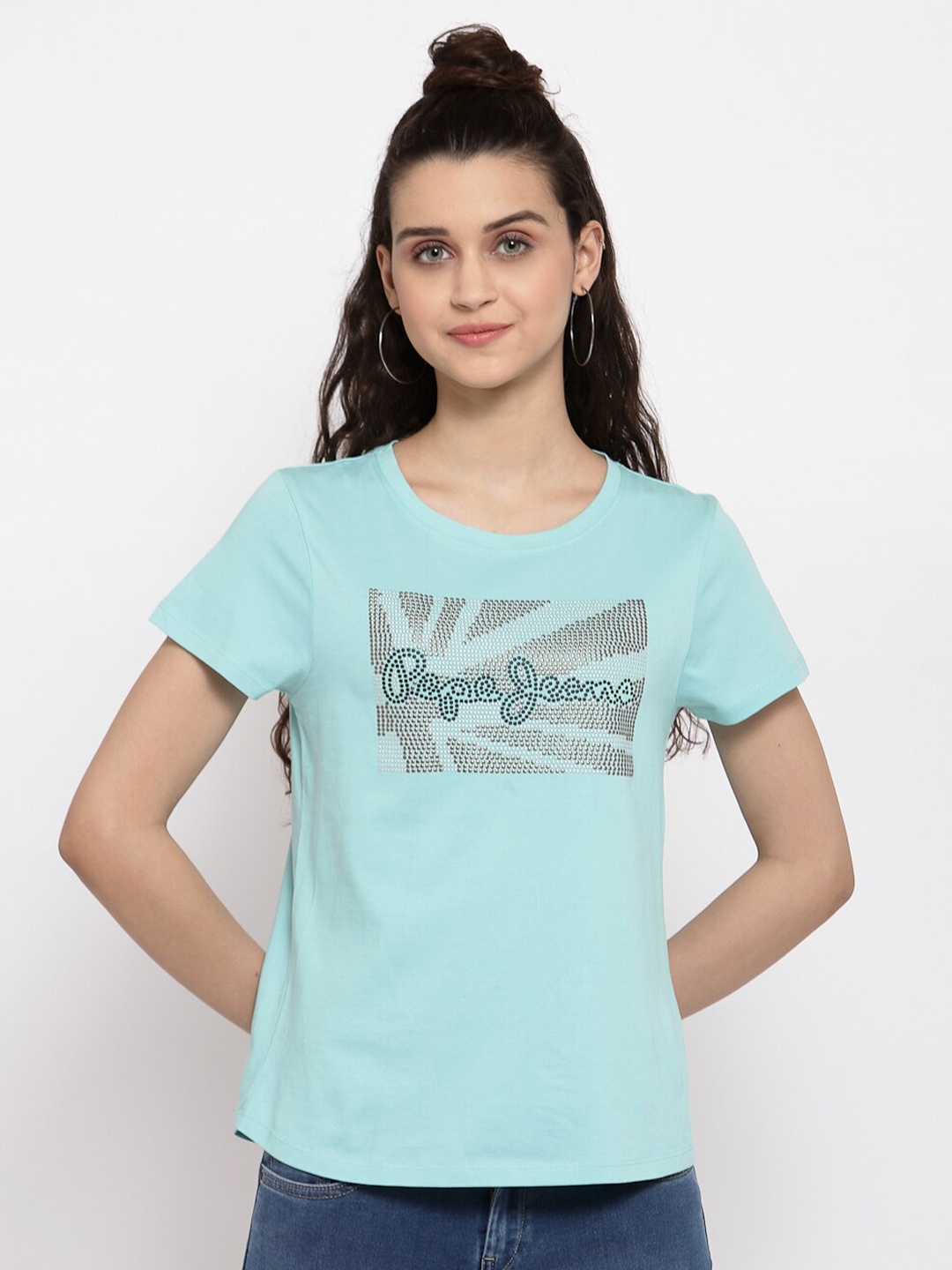 

Pepe Jeans Women Blue Printed Round Neck Cotton Pure Cotton T-shirt