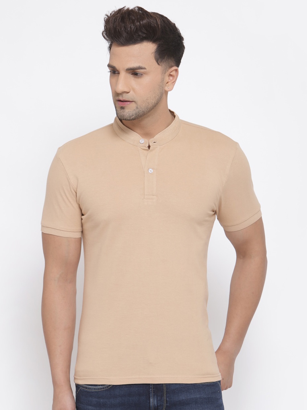 

Style Quotient Men Beige Solid Mandarin Collar T-shirt