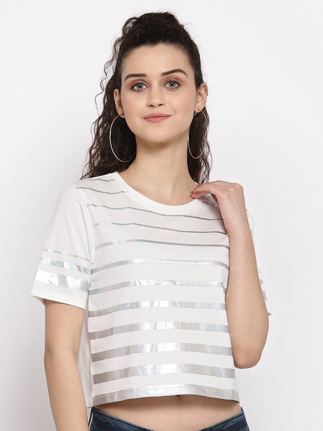 

Pepe Jeans Women White Striped Round Neck T-shirt