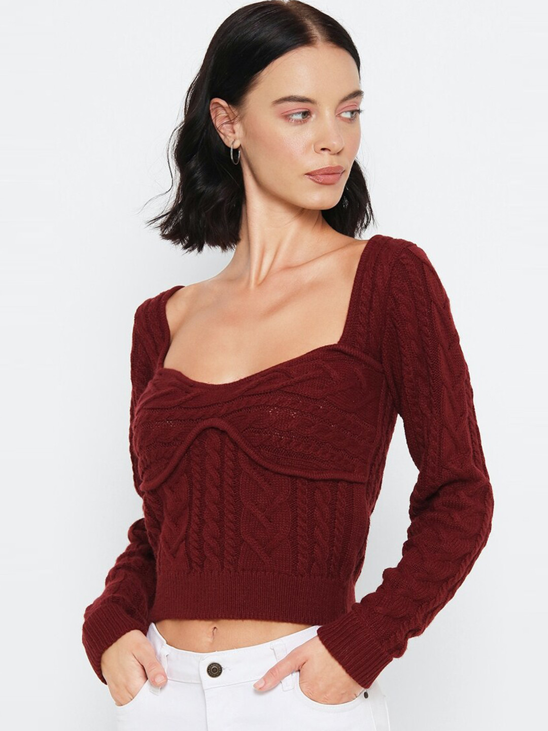 

FOREVER 21 Women Maroon Self Design Acrylic Pullover Sweater