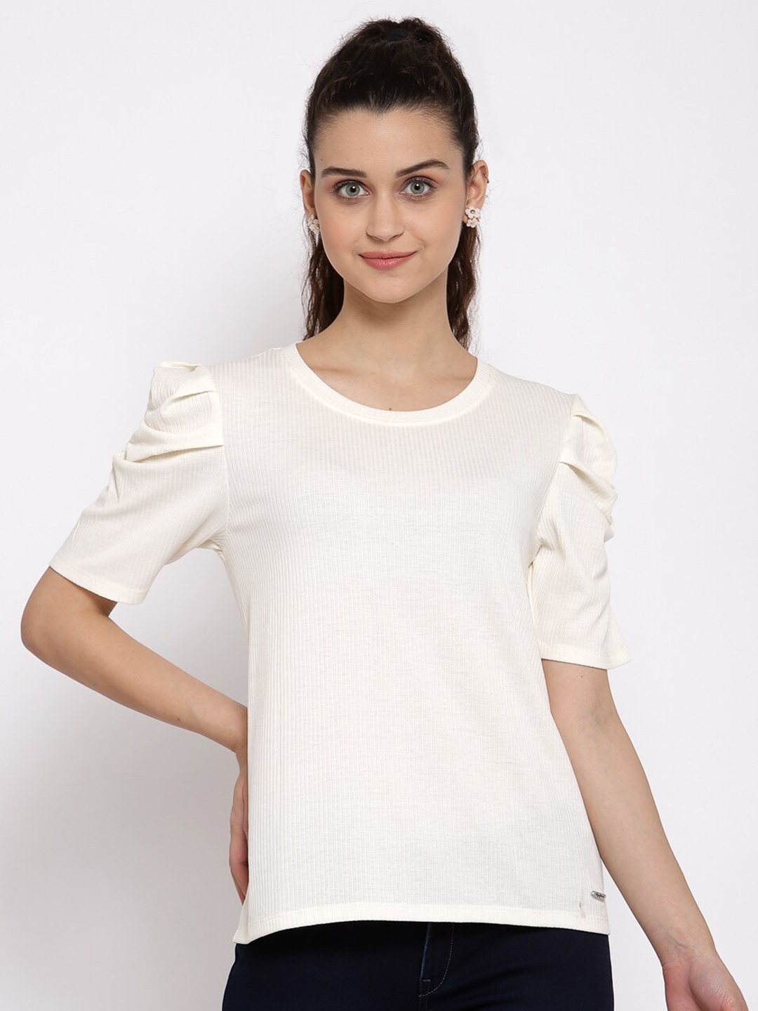 

Pepe Jeans Women Off-White Solid Round Neck T-shirt