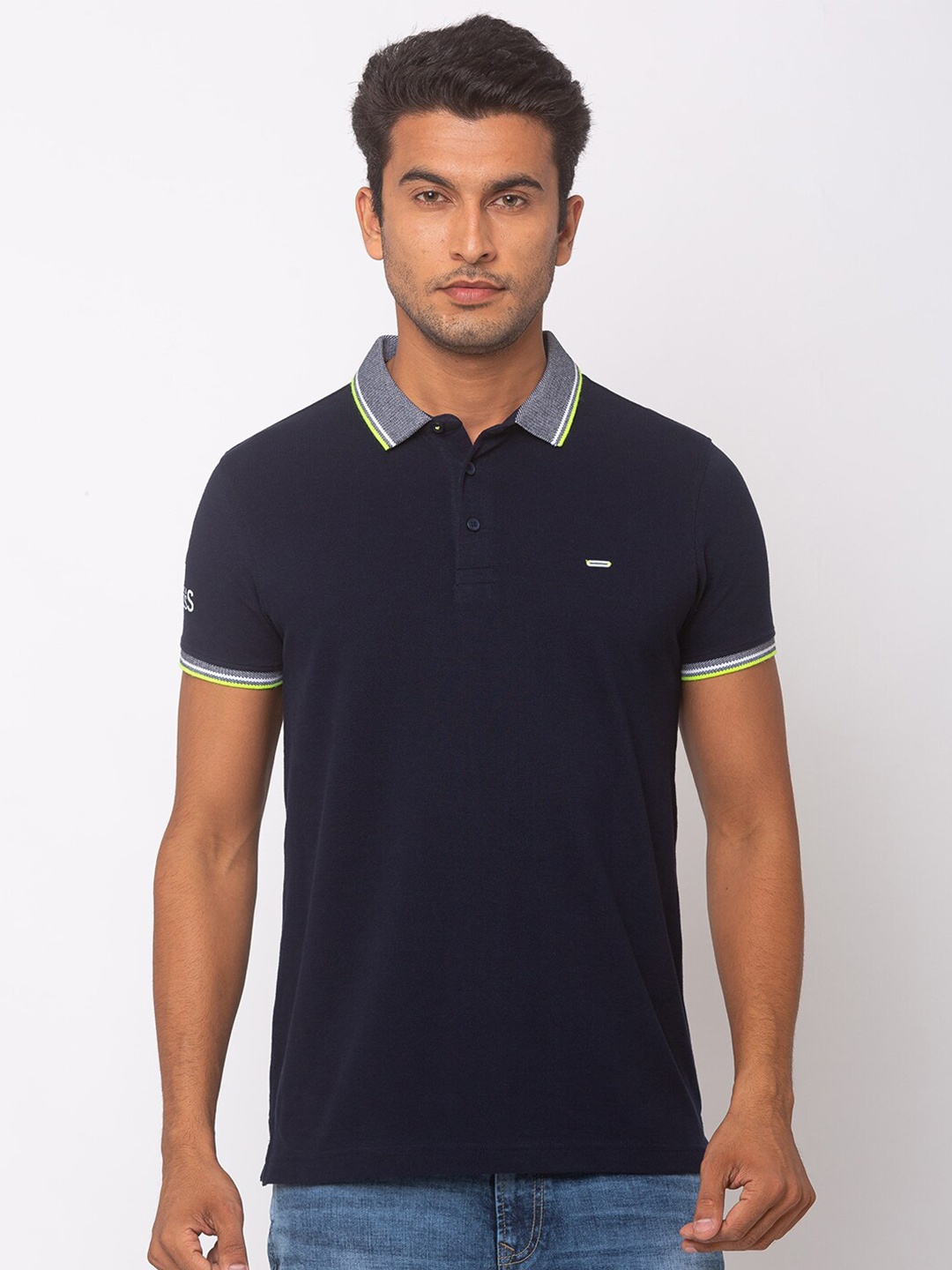 

SPYKAR Men Blue Solid Polo Collar Cotton T-shirt