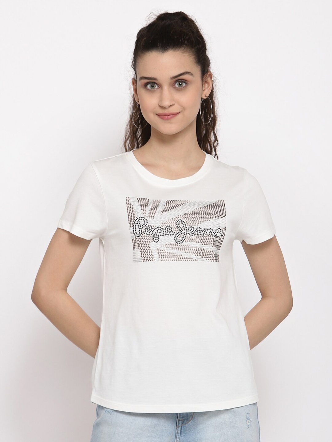 

Pepe Jeans Women White Printed Round Neck Cotton Pure Cotton T-shirt