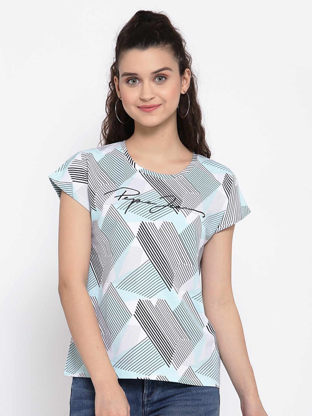 

Pepe Jeans Women White & Blue Printed Round Neck T-shirt