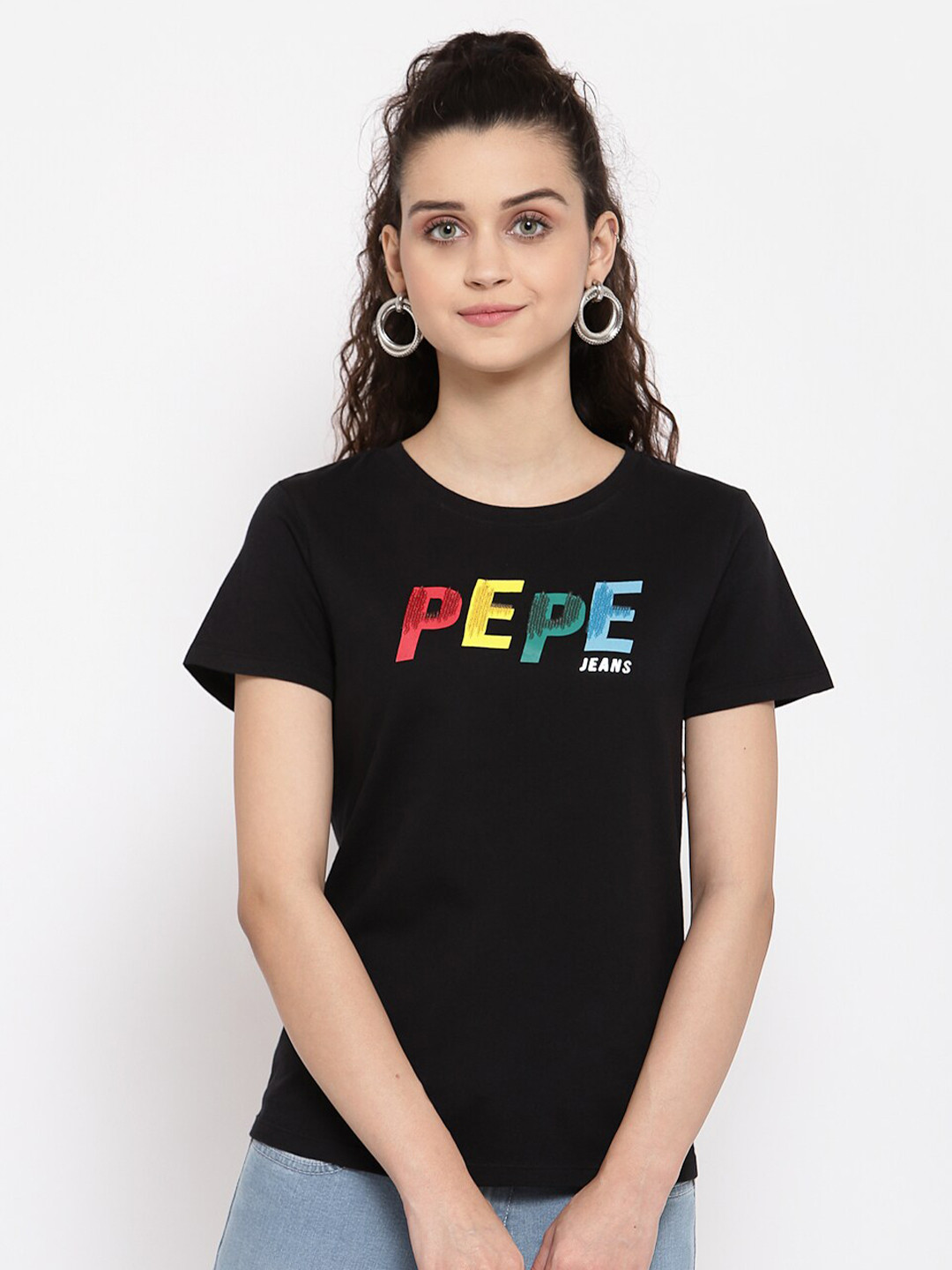 

Pepe Jeans Women Black Printed Round Neck T-shirt