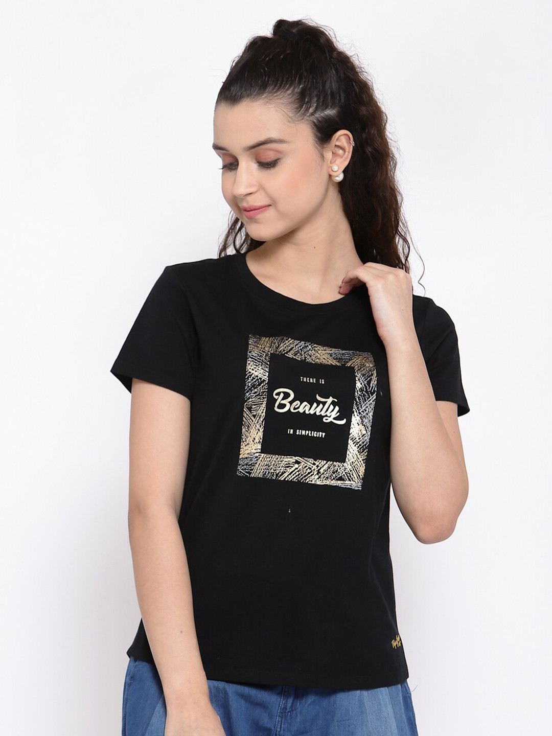 

Pepe Jeans Women Black Printed Round Neck Cotton Pure Cotton T-shirt