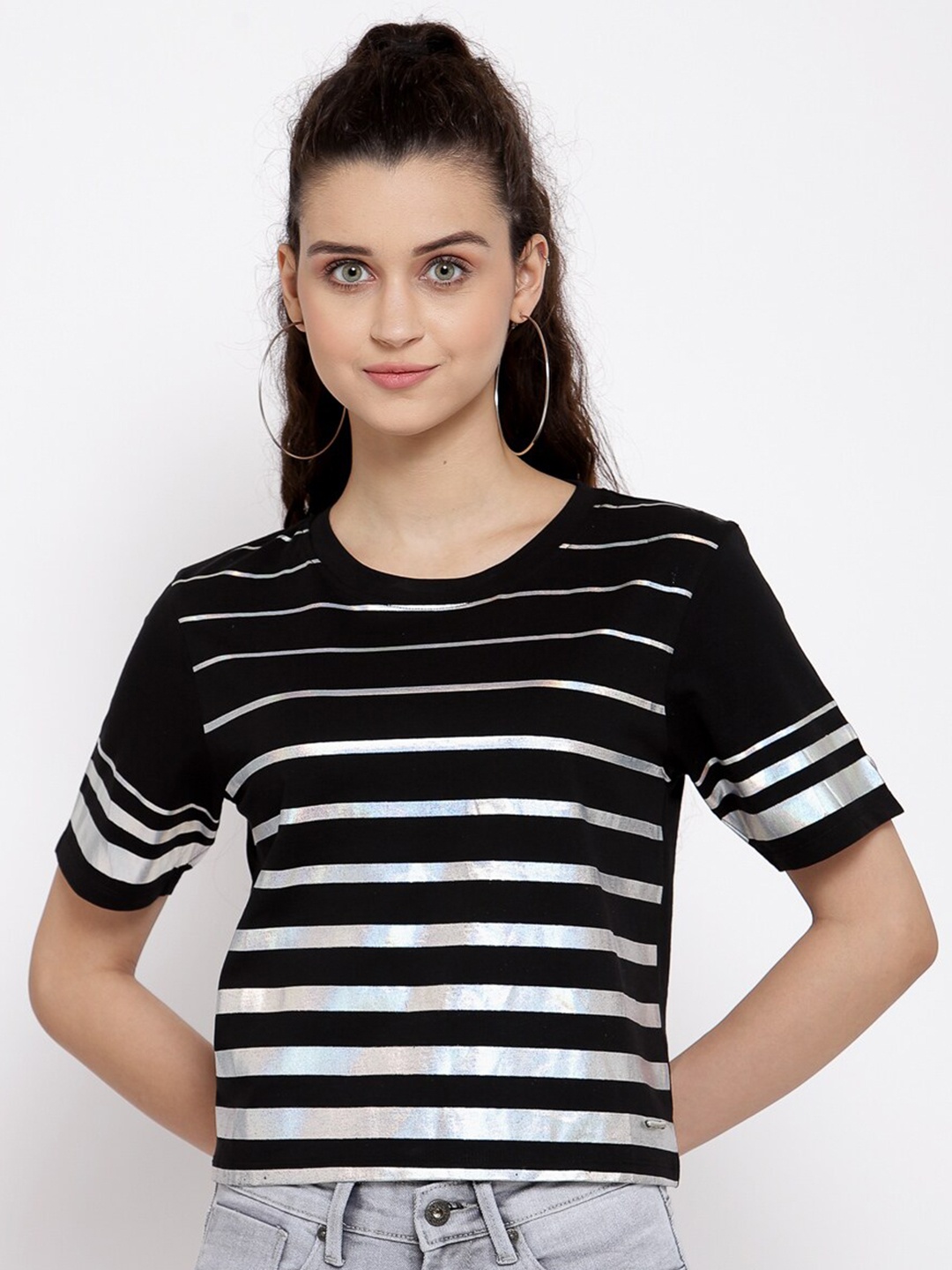 

Pepe Jeans Women Black White Striped Round Neck Cotton Crop Pure Cotton T-shirt