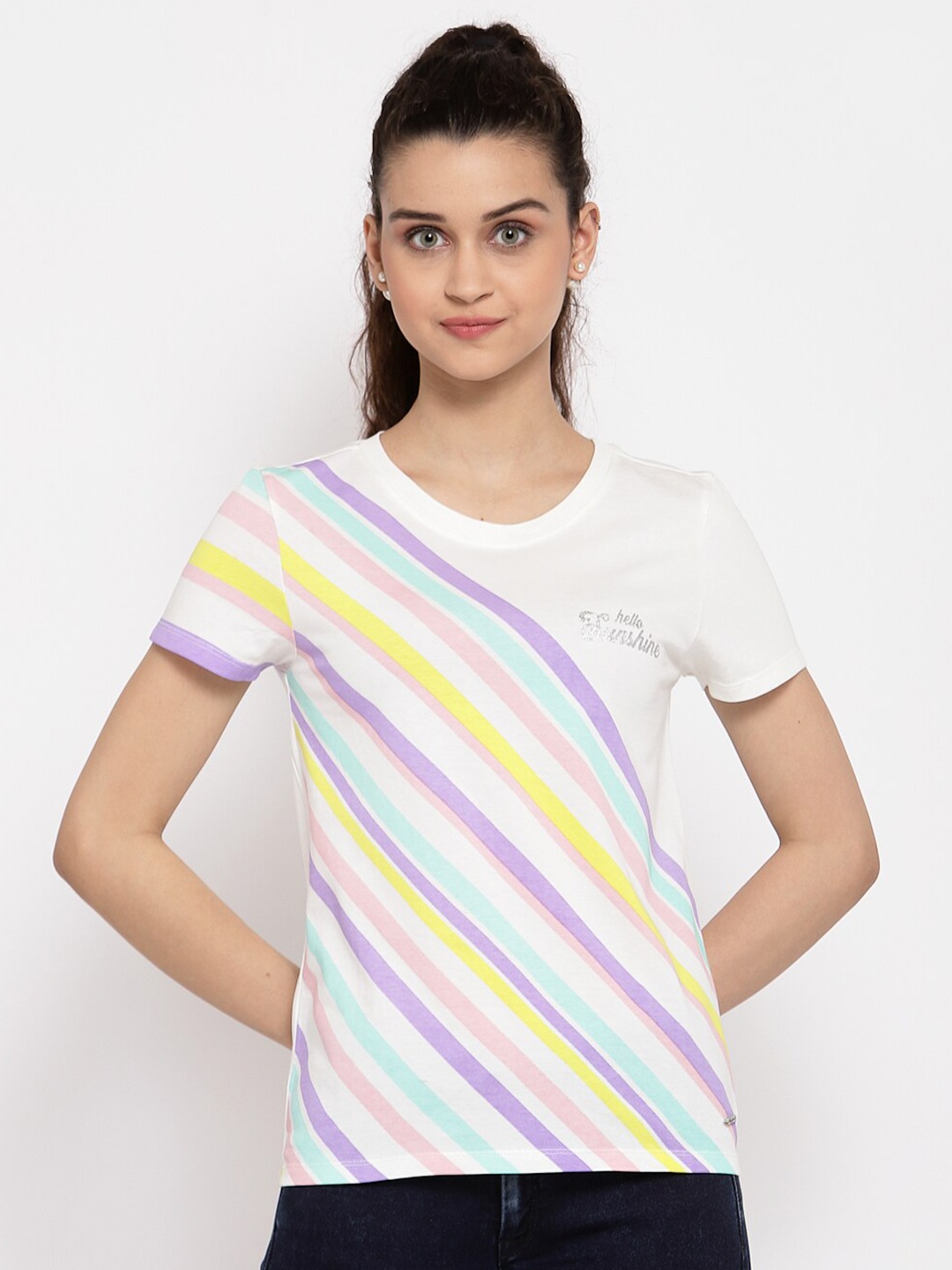 

Pepe Jeans Women White Striped Round Neck Cotton Pure Cotton T-shirt