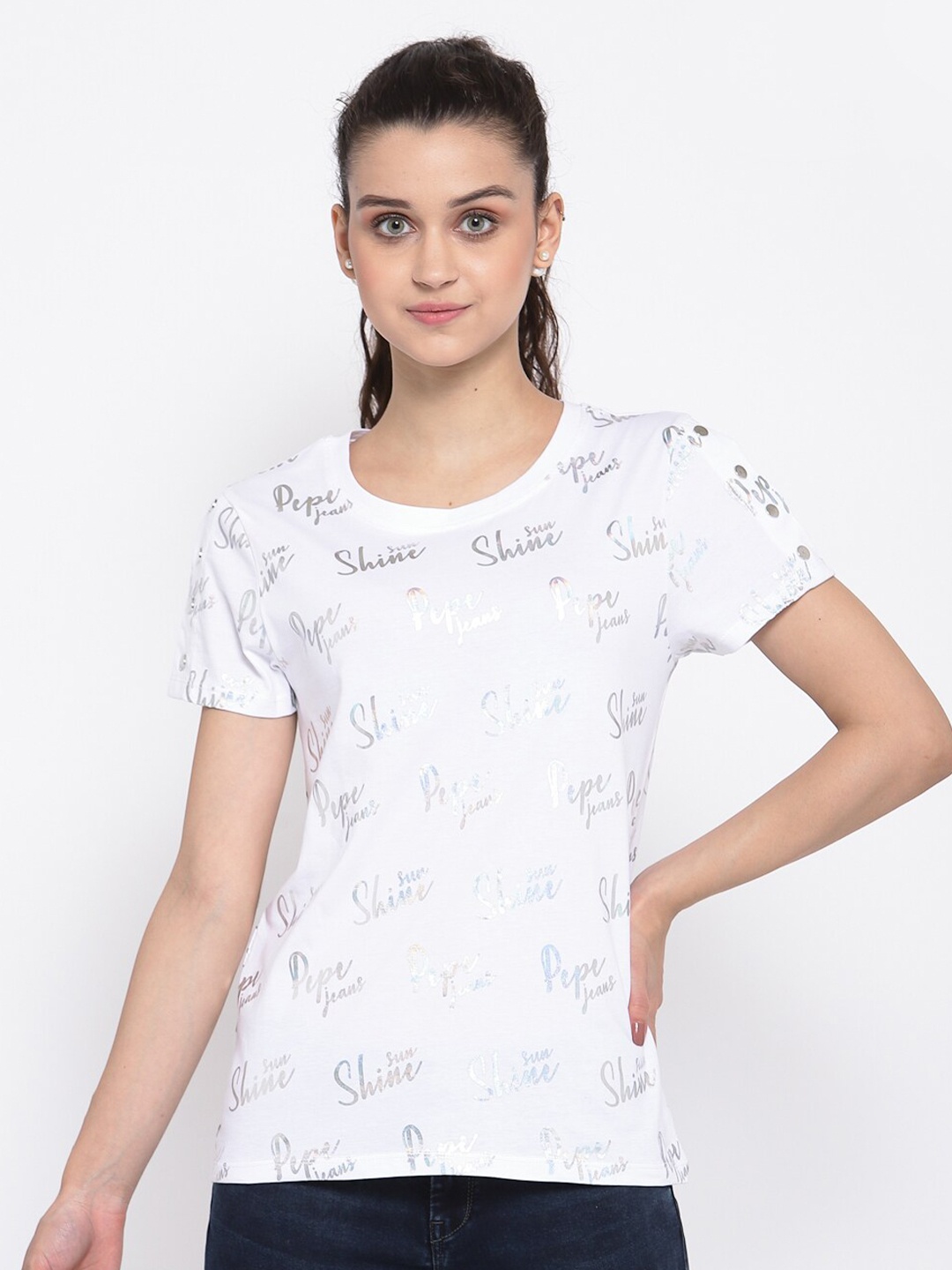 

Pepe Jeans Women White Printed Round Neck Cotton Pure Cotton T-shirt