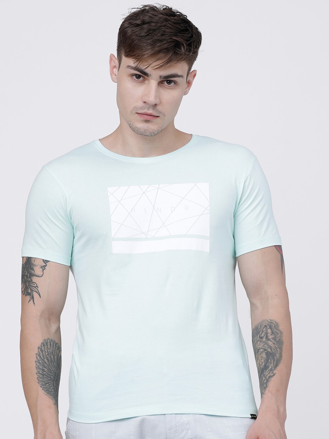 

HIGHLANDER Men Turquoise Blue Printed Round Neck Cotton T-shirt