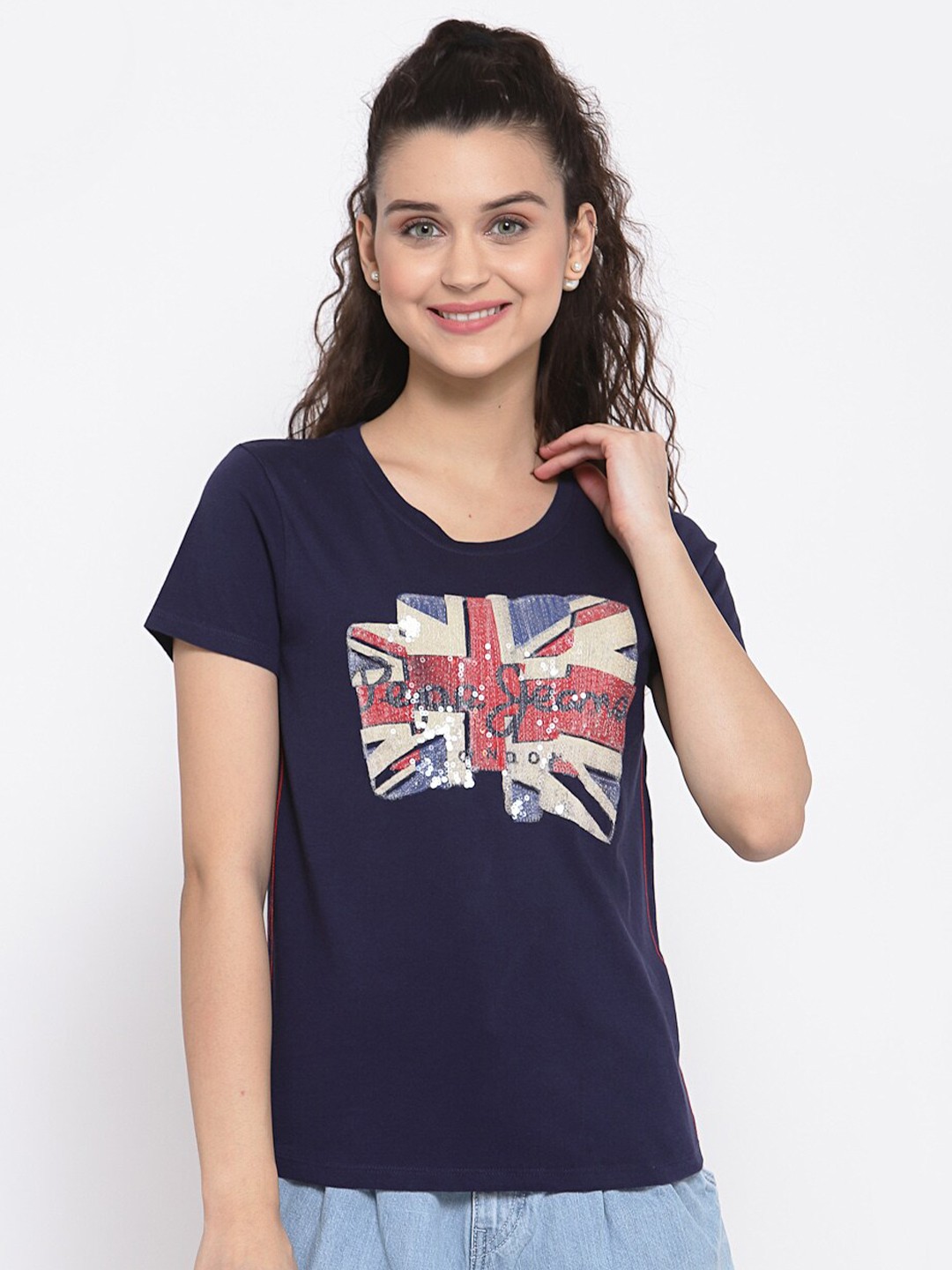 

Pepe Jeans Women Navy Blue Printed Round Neck Cotton Pure Cotton T-shirt