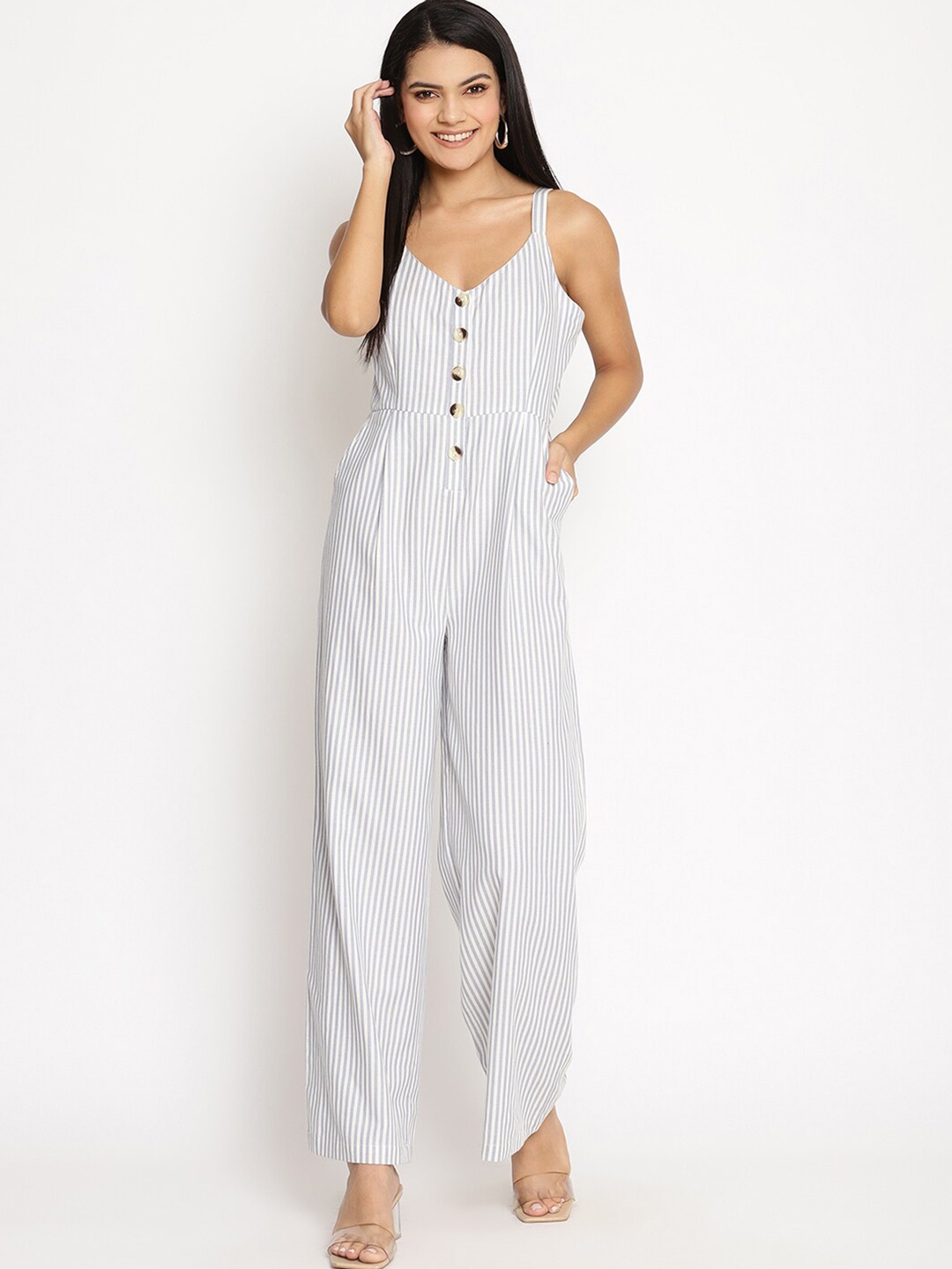 

HOUSE OF KKARMA Women White & Blue Striped Basic Jumpsuit