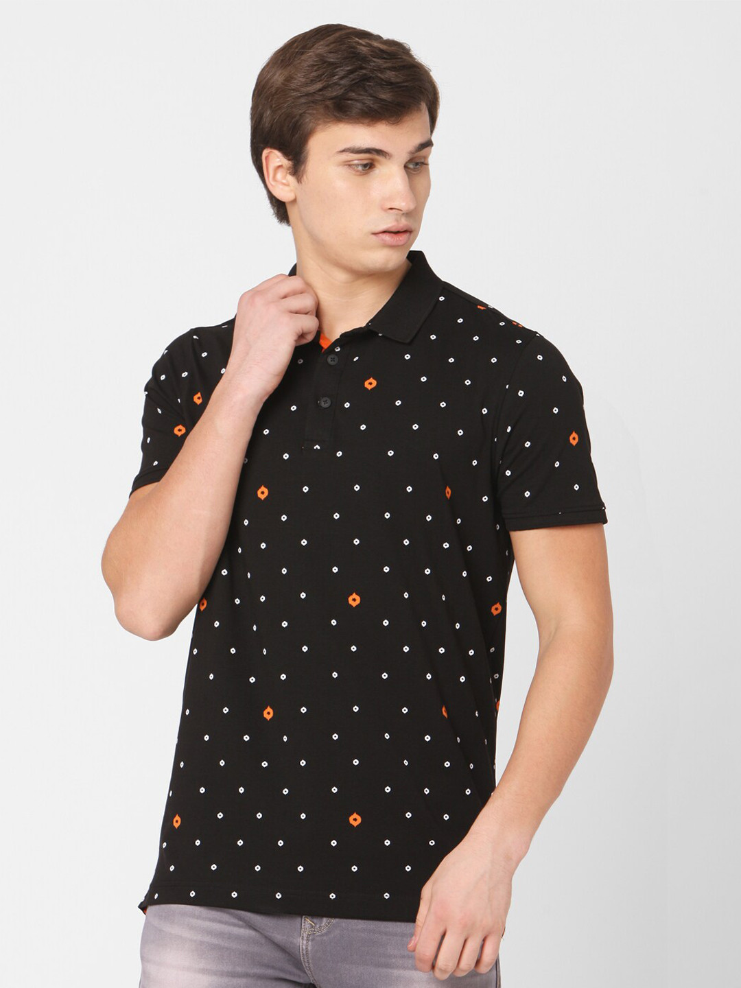 

SPYKAR Men Black Printed Polo Collar Cotton T-shirt