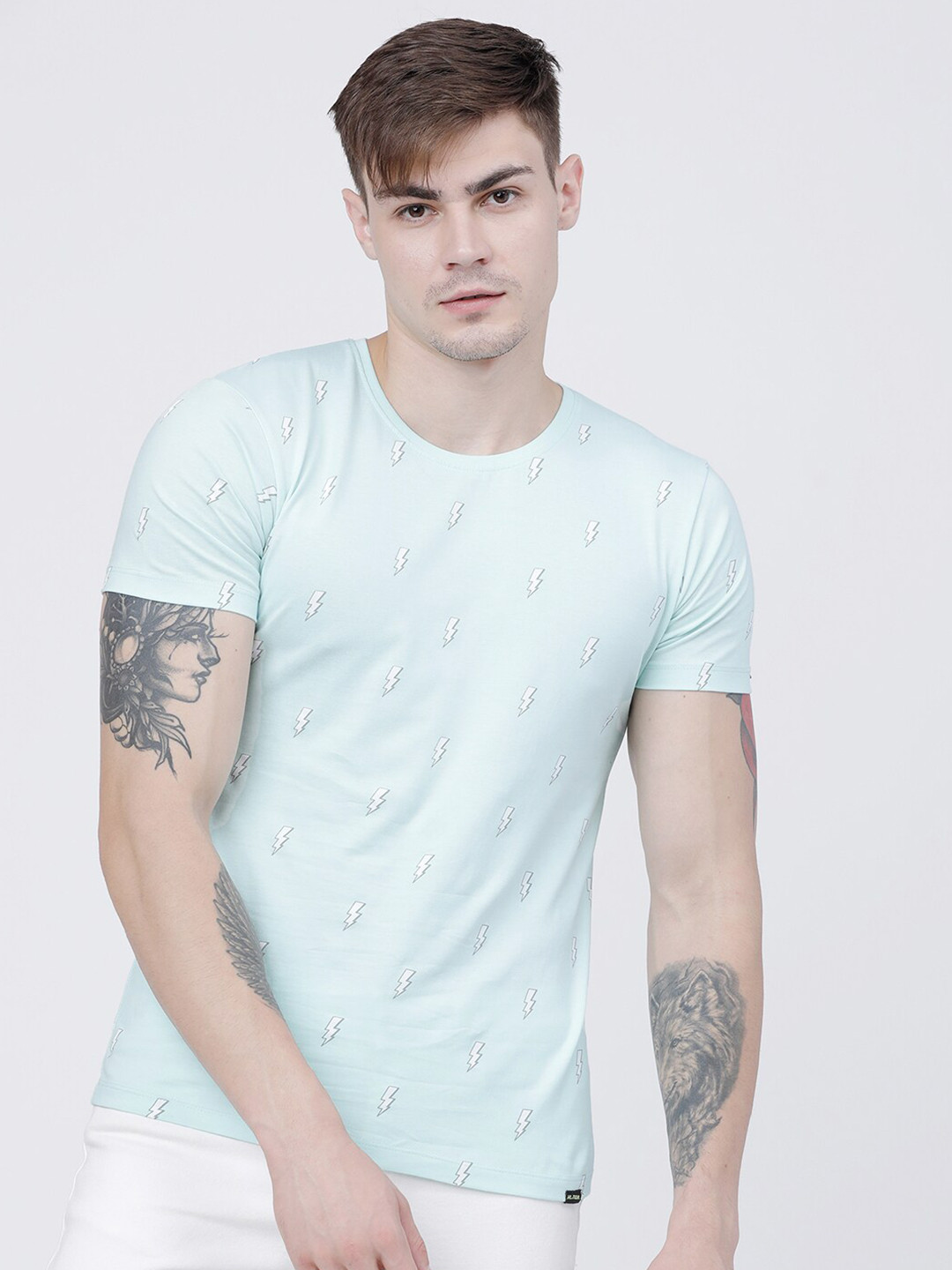 

HIGHLANDER Men Turquoise Blue Printed Round Neck Cotton T-shirt