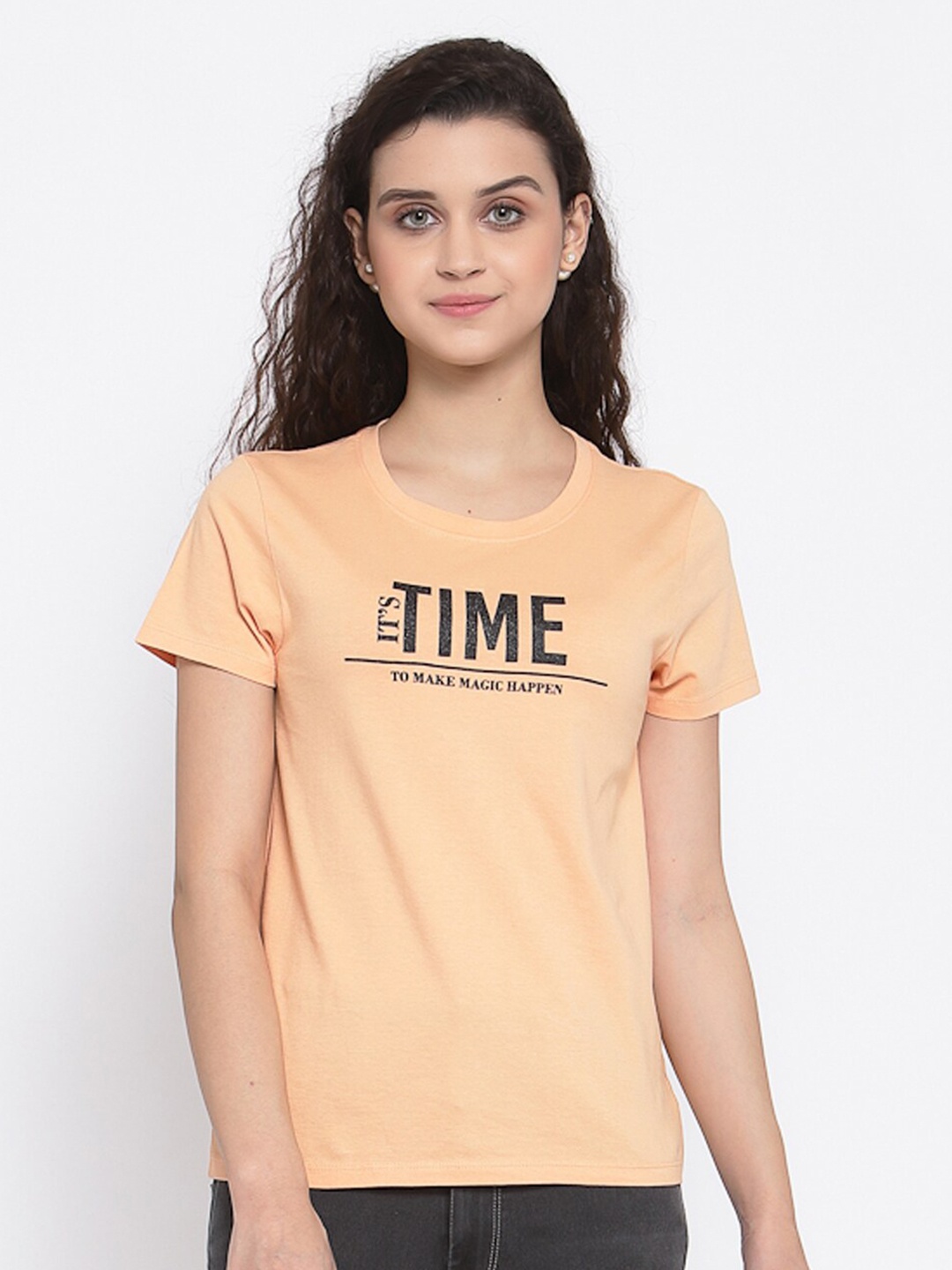 

Pepe Jeans Women Coral Orange Printed Round Neck Cotton Pure Cotton T-shirt