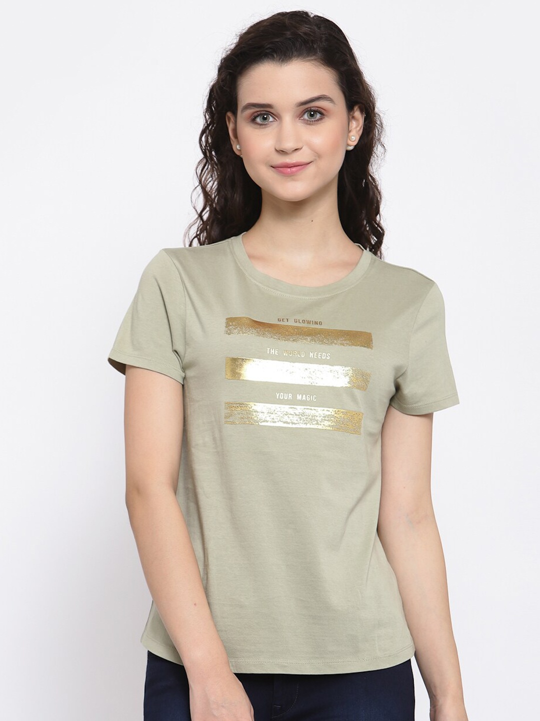 

Pepe Jeans Women Green Printed Round Neck Pure Cotton T-shirt