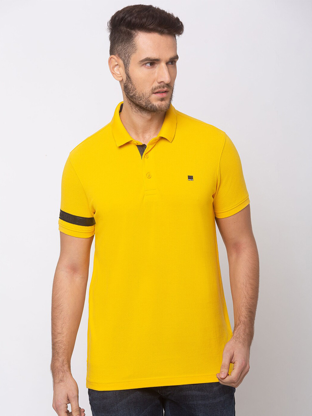 

SPYKAR Men Yellow Solid Cotton Slim Fit Polo Collar T-shirt