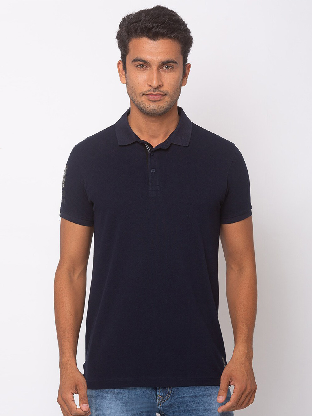 

SPYKAR Men Blue Solid Polo Collar Cotton T-shirt