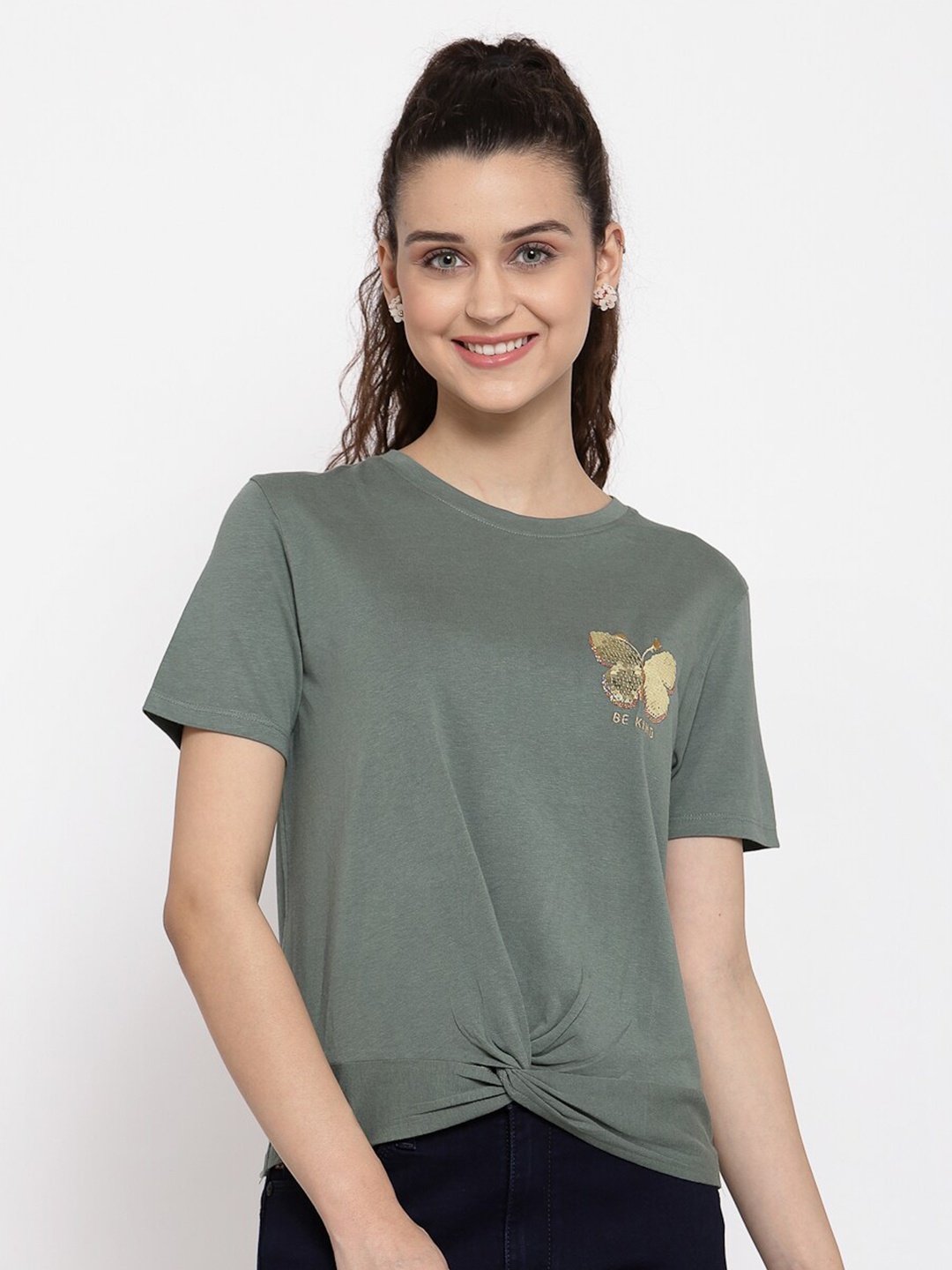 

Pepe Jeans Women Green Solid Round Neck T-shirt