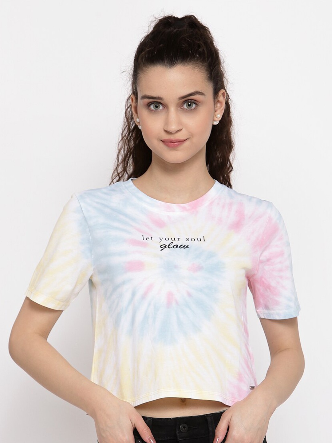 

Pepe Jeans Women Multicoloured Dyed Round Neck Crop Pure Cotton T-shirt, Multi