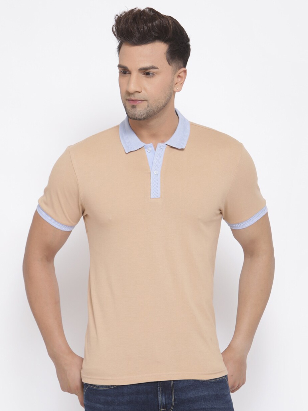 

Style Quotient Men Beige Solid Polo Collar T-shirt