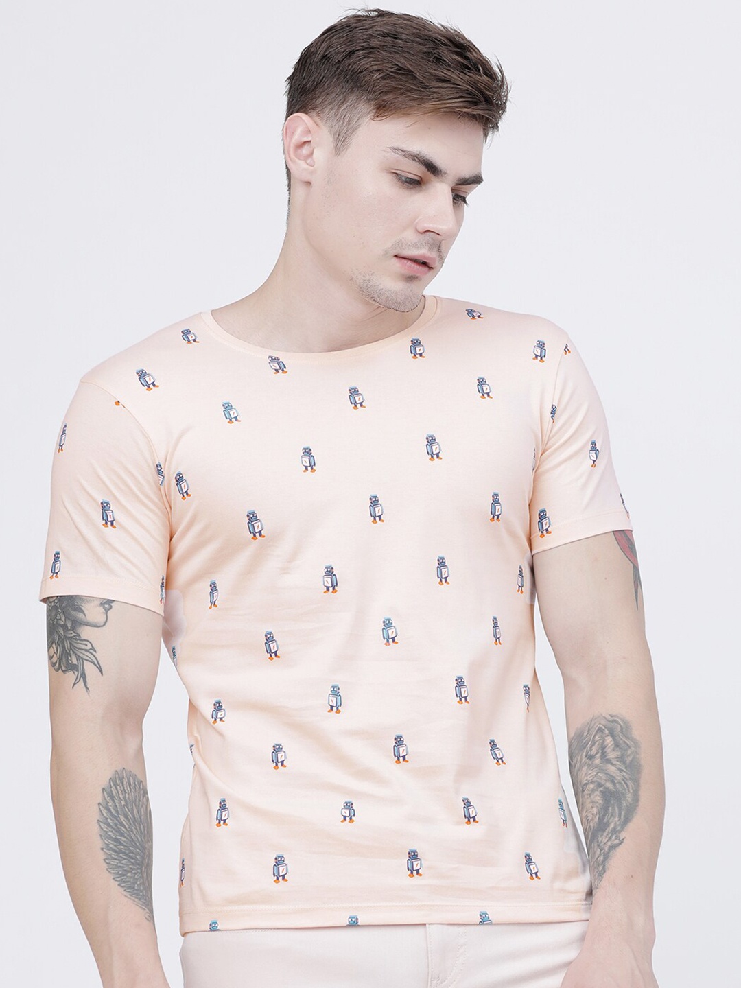 

LOCOMOTIVE Men Pink Printed Cotton Round Neck T-shirt