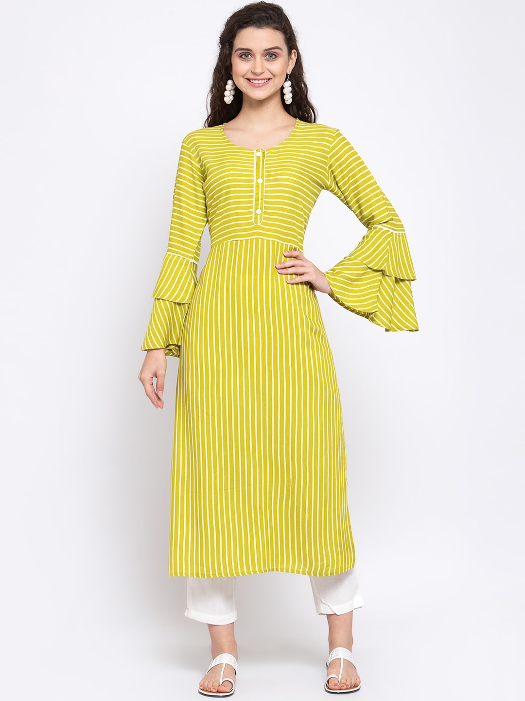 Indibelle Women Green Striped Flared Sleeves Kurta
