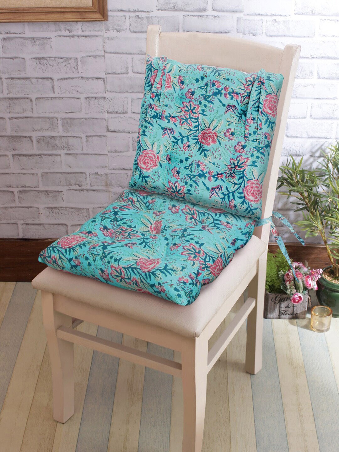 

Rajasthan Decor Set Of 2 Blue & Pink Floral Printed Cotton Chair Pads