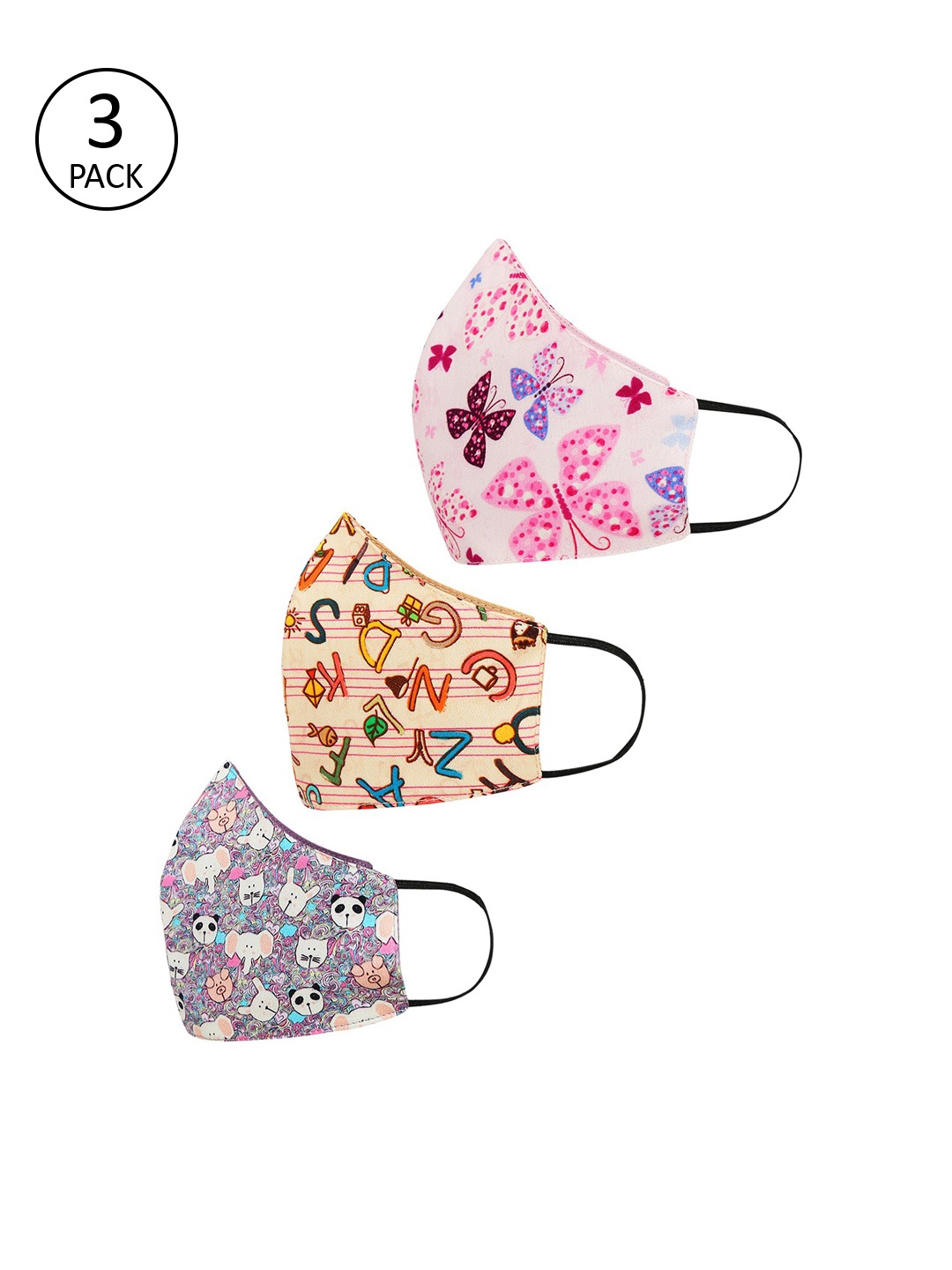 

Tossido Kids Pack Of 3 Safety Cartoon Digital Printed 3-Ply 100% Cotton Premium Reusable Cloth Face Masks, Pink