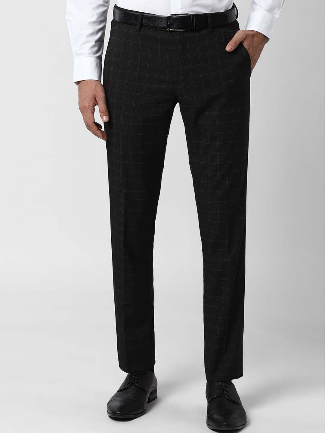 

Peter England Men Black Slim Fit Checked Formal Trousers
