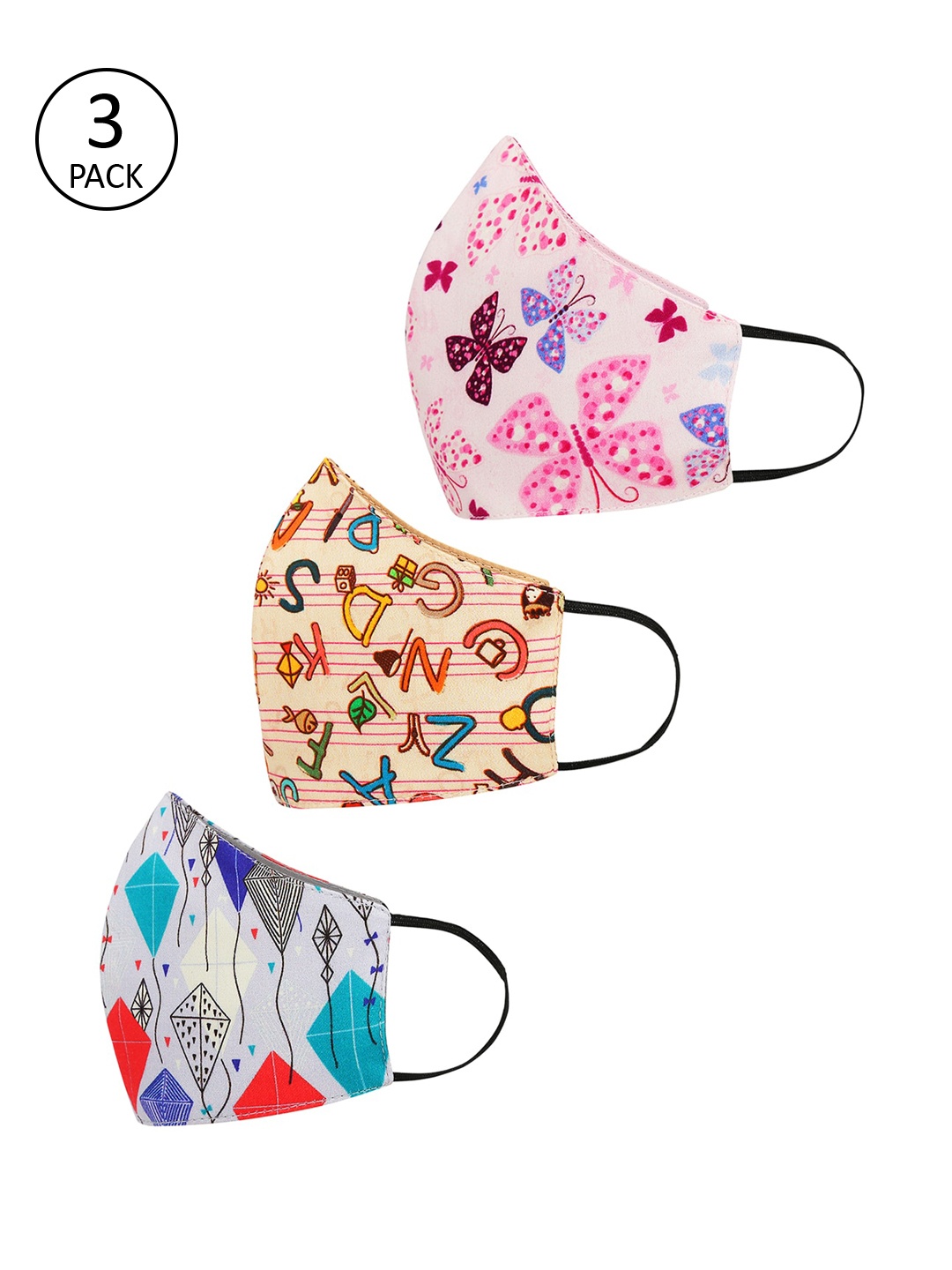 Tossido Kids Pack Of 3 Printed 3-Ply Reusable Cloth Masks, Pink