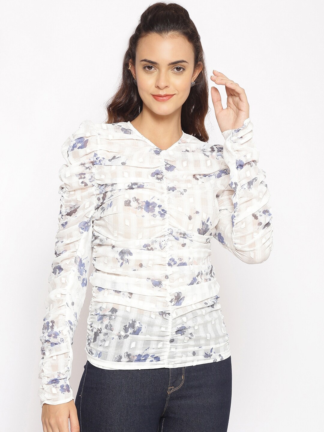 

Oxolloxo White & Blue Floral Regular Top
