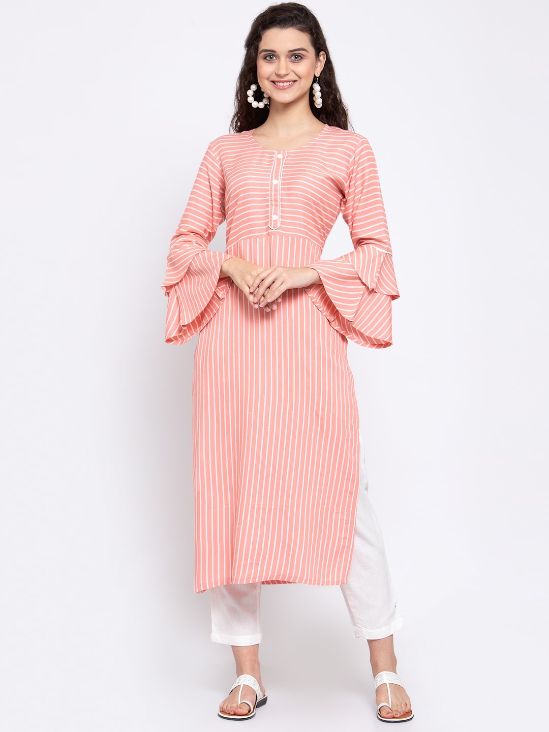

Indibelle Women Peach-Coloured & White Striped Bell Sleeves Kurta
