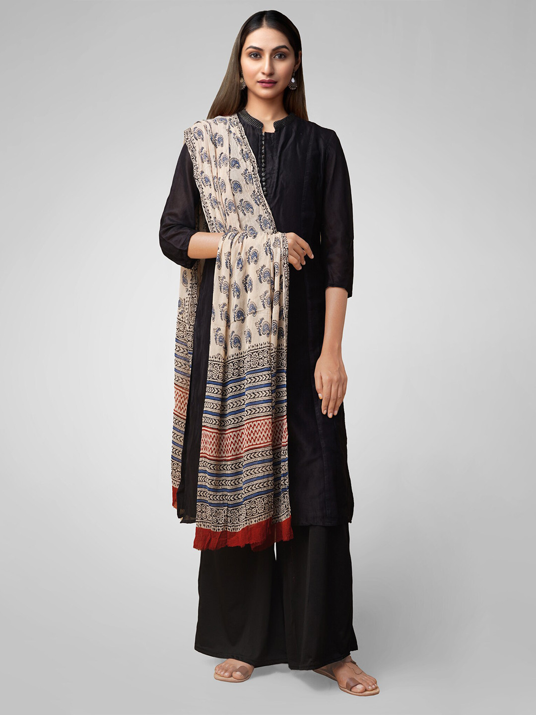 

Unnati Silks Cream-Coloured & Brown Bagru Printed Dupatta