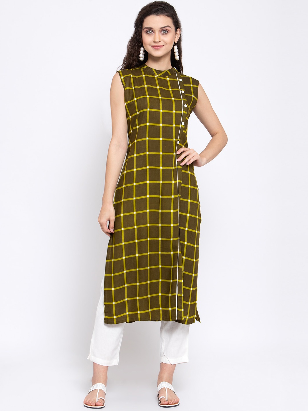 Indibelle Women Green Checked Patchwork Kurta