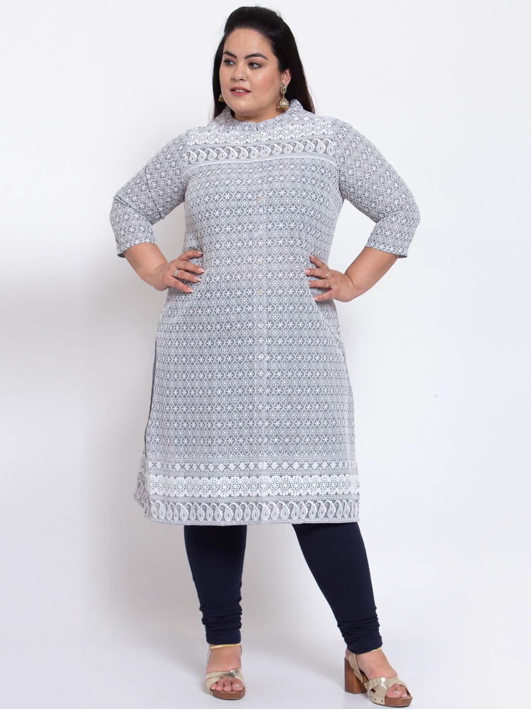 

plusS Plus size Women Grey & White Ethnic Motifs Embroidered Kurta