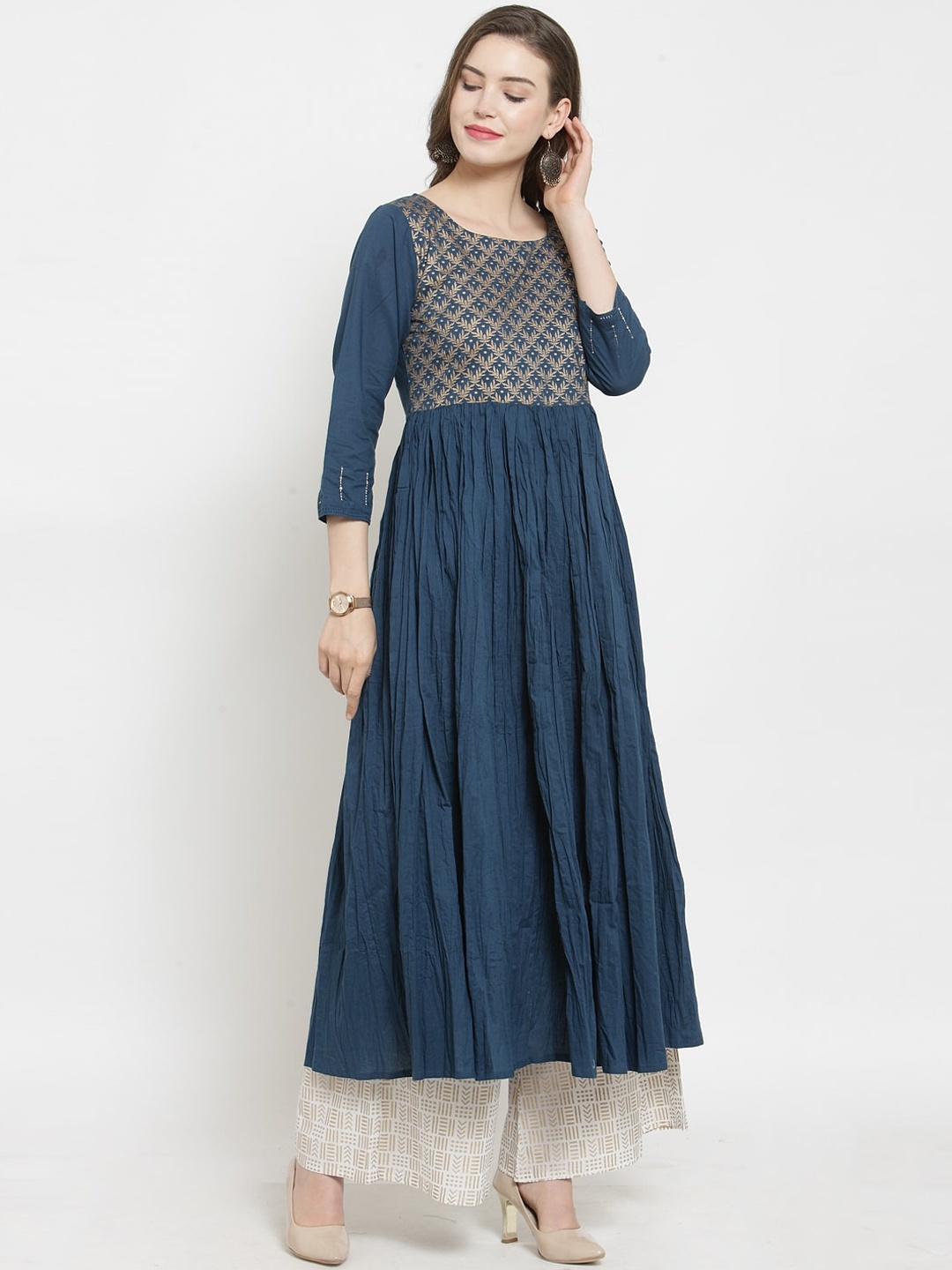 

Varanga Women Teal & Beige Embroidered Anarkali Pure Cotton Kurta with Palazzos