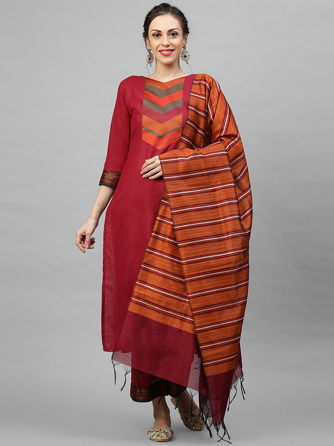 

Indo Era Women Maroon & Orange Yoke Design A-Line Pure Cotton Kurta & Palazzos & Dupatta
