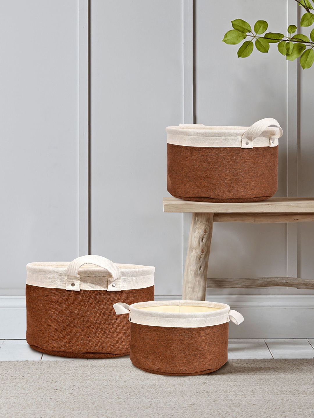 

Clasiko Set Of 3 Tan Brown Solid Eco-Friendly Handcrafted Organiser Baskets