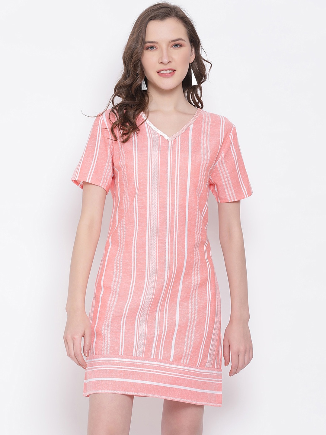 

LY2 Women Pink & Off White Cotton Striped A-Line Dress
