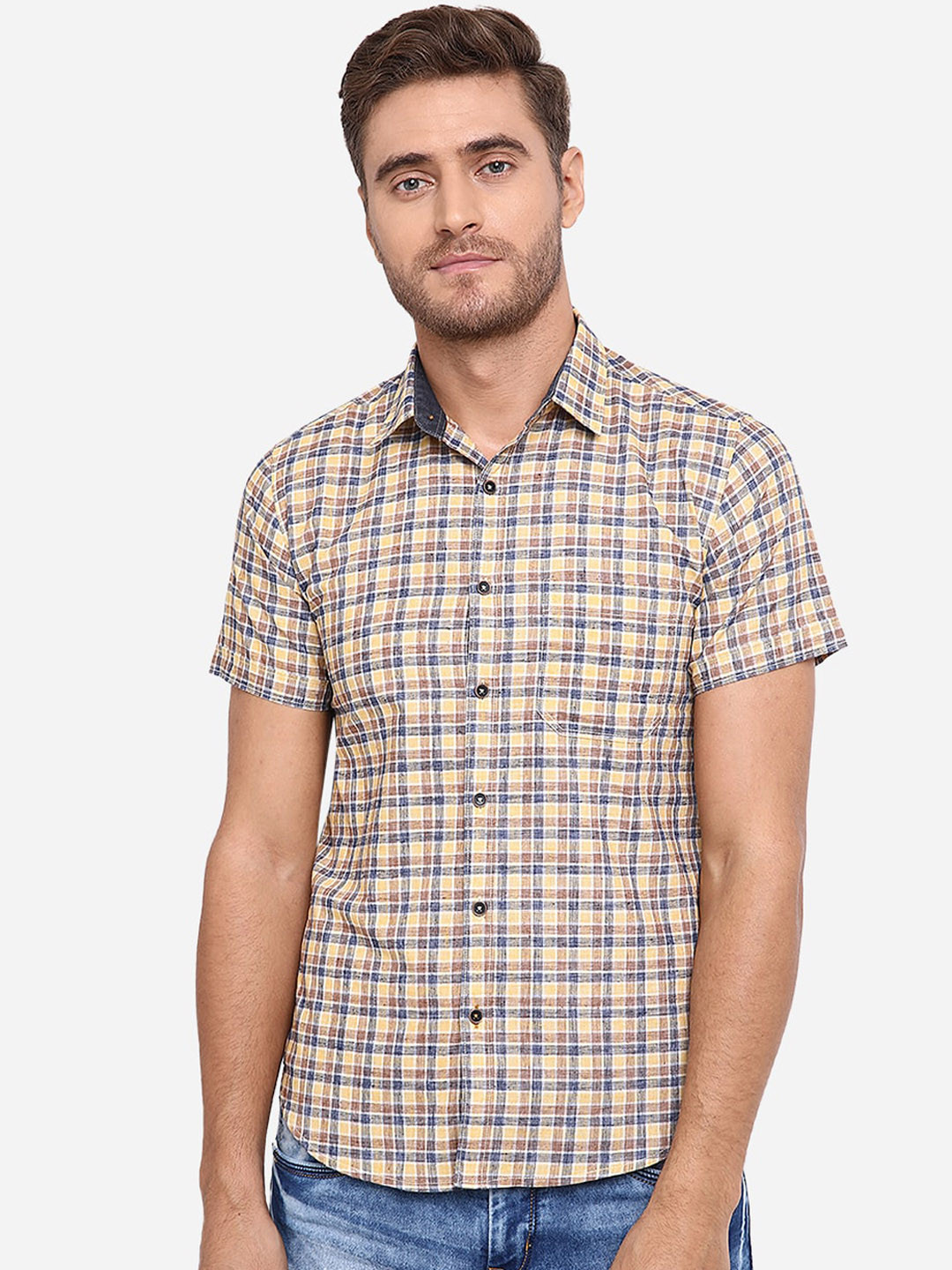 

Greenfibre Men Yellow & Blue Slim Fit Checked Pure Cotton Casual Shirt