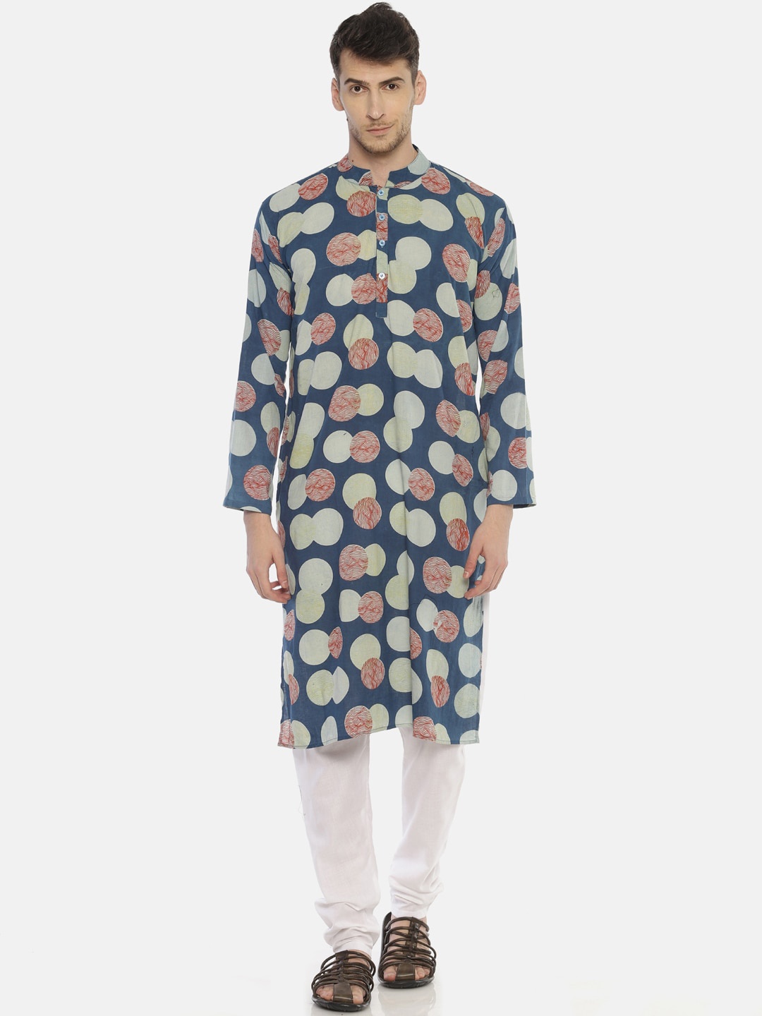 

PAROKSH Men Blue & Off White Geometric Printed Handloom Kurta