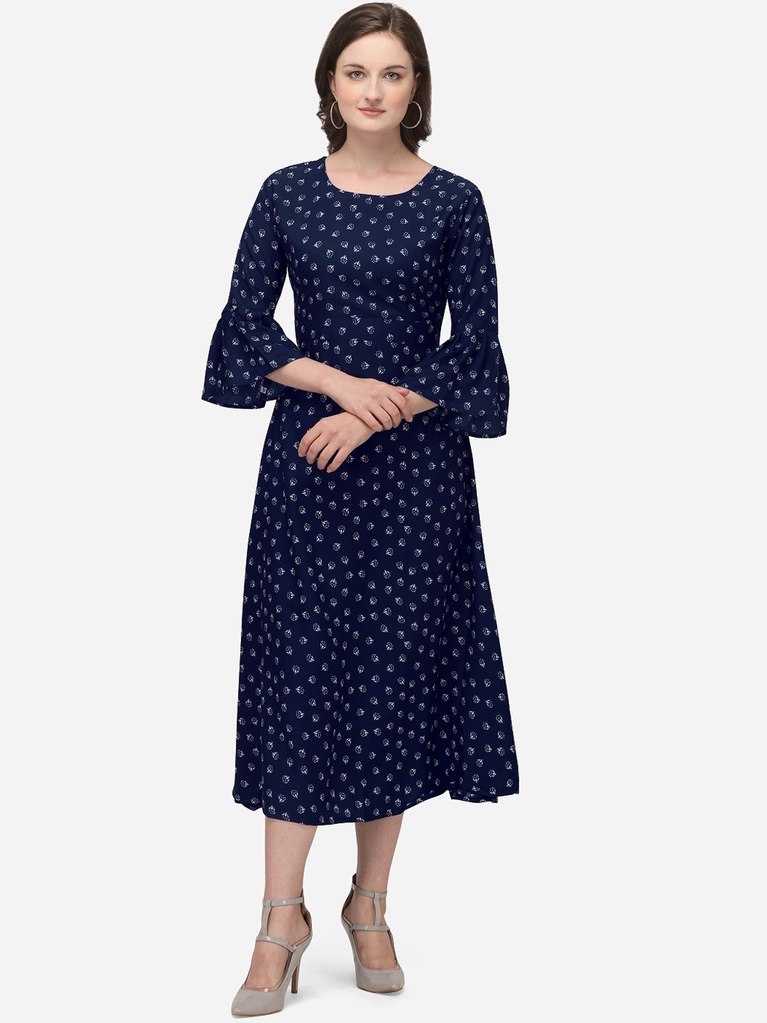 

Florence Women Navy Blue Crepe Printed Fit and Flare Dress