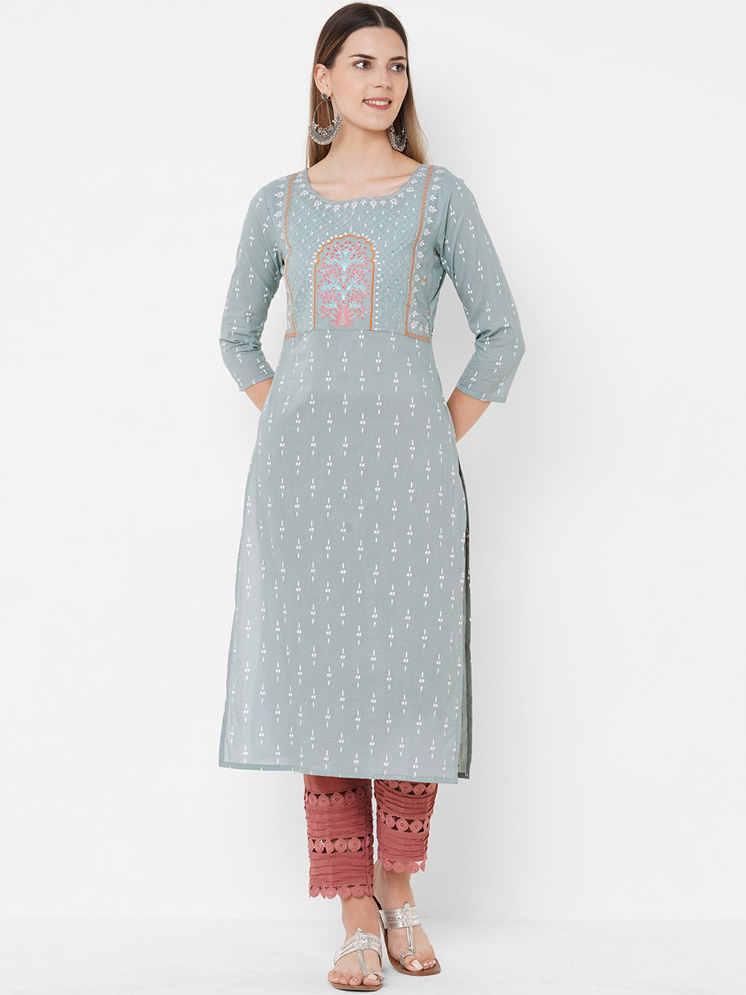 

FASHOR Women Grey Floral Embroidered Thread Work Kurta