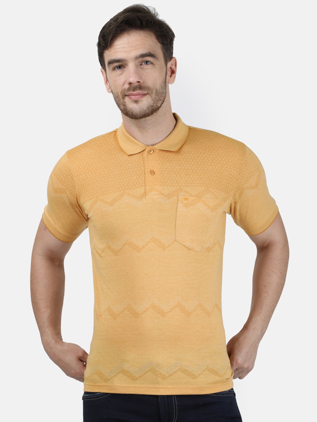 

Monte Carlo Men Mustard Yellow Self Design Polo Collar T-shirt