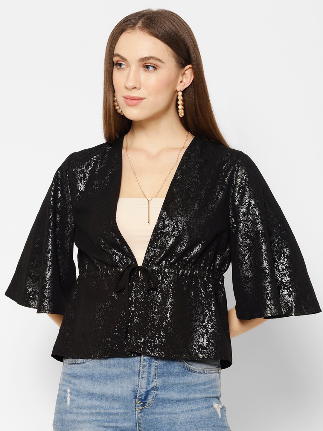 

HOUSE OF KKARMA Black Embellished Georgette Cinched Waist Top