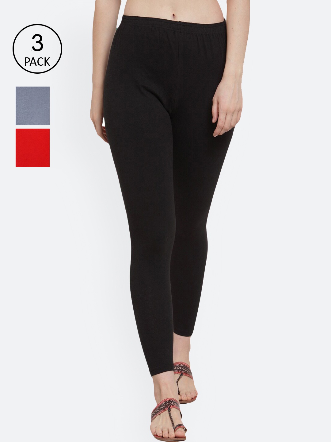 GRACIT Women Pack of 3 Solid Ankle-Length Leggings, Black
